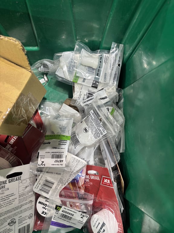 Tote of silicone grease, door hardware, plumbing solder, etc - Image 5