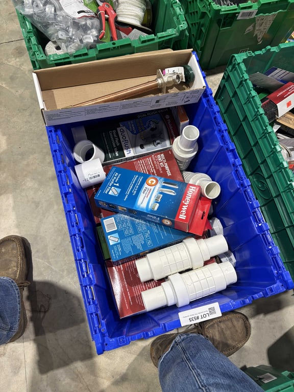 Tote of vent kits, PVC fittings, plumbing, misc
