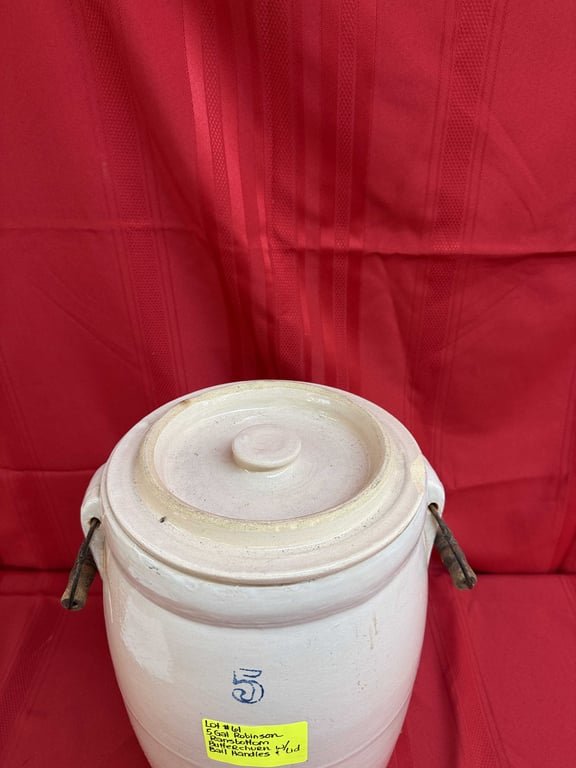 5 GAL. ROBINSON RANSBOTTOM BUTTERCHURNW/BAIL HANDLES & LID (LID CHIPPED) - Image 2