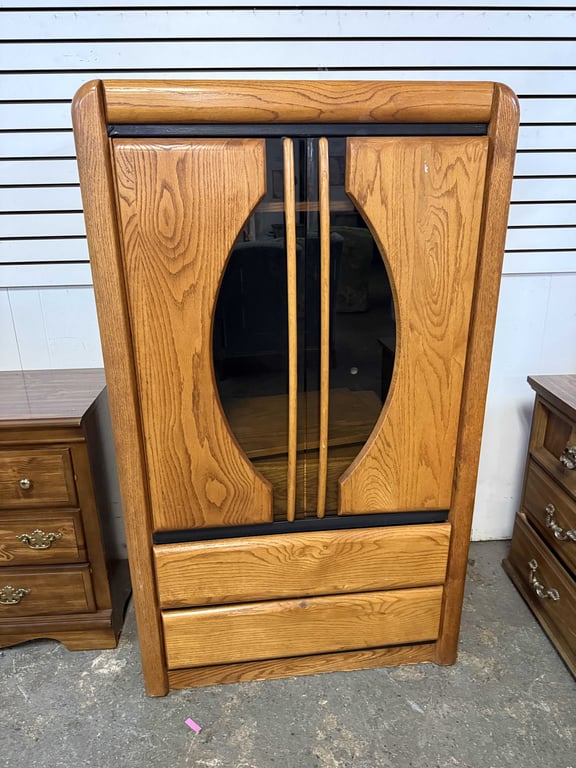 OAK AND SMOKED GLASS TV CONSOLE
