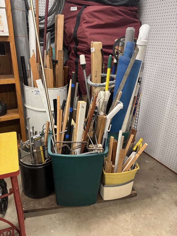 5 containers misc wood, PVC, metal, rolling cart, etc