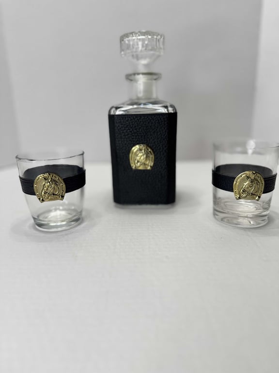 Image for Matching Decanter Set Horse Head Medallion Black Leather Wrapped
