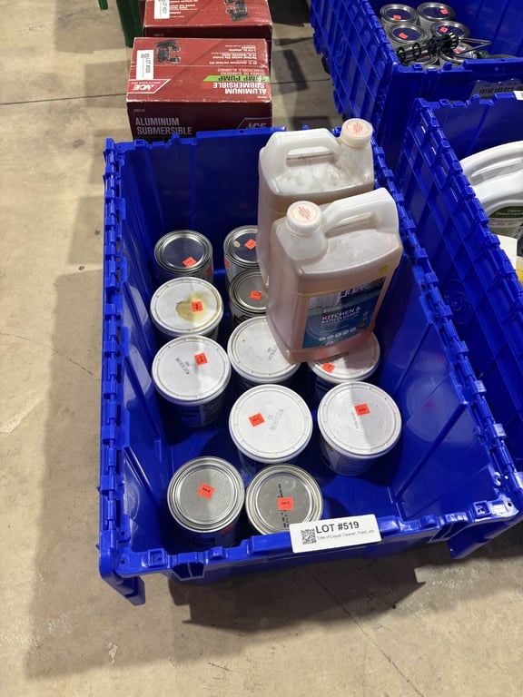 Tote of Liquid Cleaner, Paint, etc