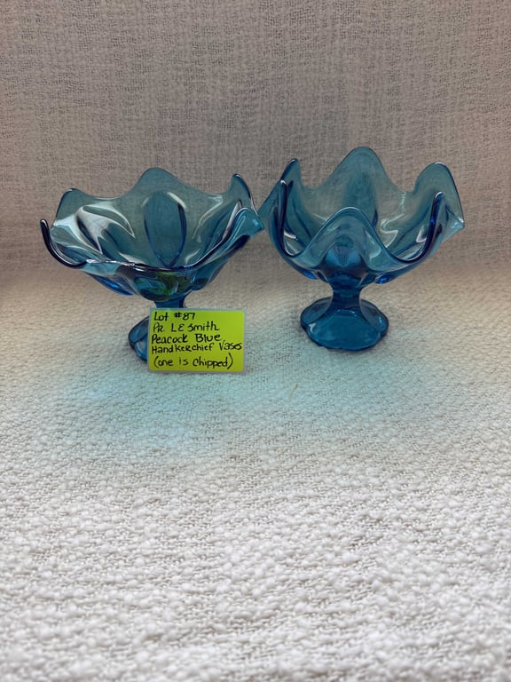 PR. VTG LE SMITH PEACOCK BLUE HANDKERCHIEF VASES (ONE IS CHIPPED)
