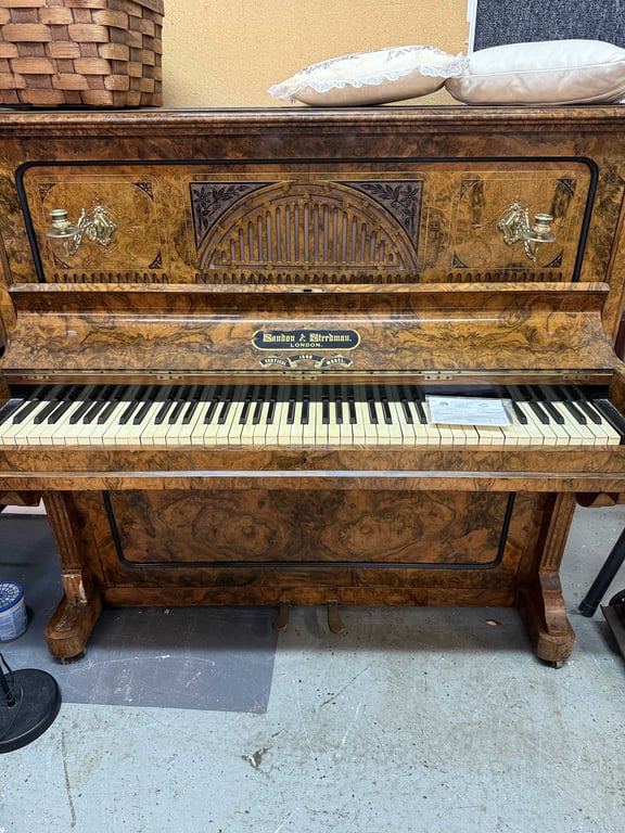 SANDON & STEEDMAN LONDON UPRIGHT PIANO W/BURL WALNUT VENEER