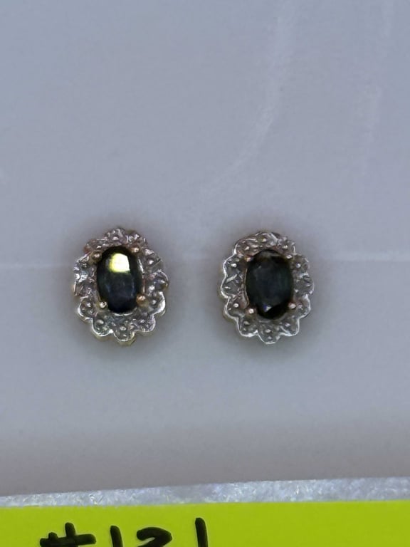 STERLING SILVER EMERALD & DIAMOND STUD EARRINGS - Image 2