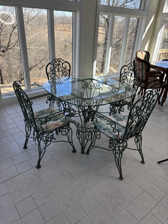 Glass Top Wrought Iron Table and 4 Chairs