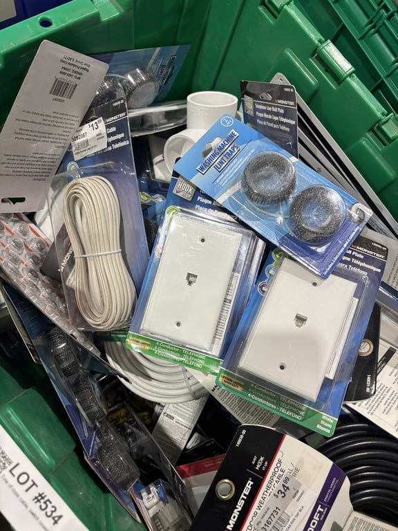 Tote of coax cable, switch covers, PVC fittings, batteries, misc - Image 7