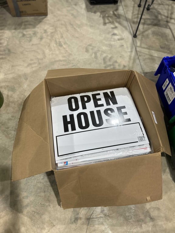Box of misc garage sale, open house signs, etc