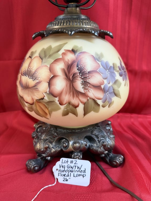 VTG GWTW HANDPAINTED FLORAL HURRICANE LAMP 26" - Image 3