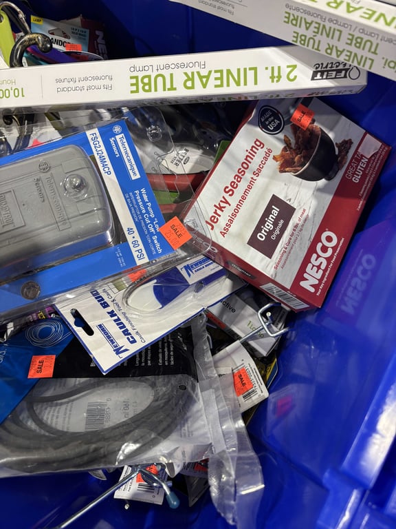 Tote of fluorescent bulbs, scissors, hooks, misc - Image 2