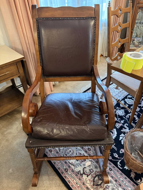 WOOD & LEATHER ROCKER W/NAILHEAD TRIM