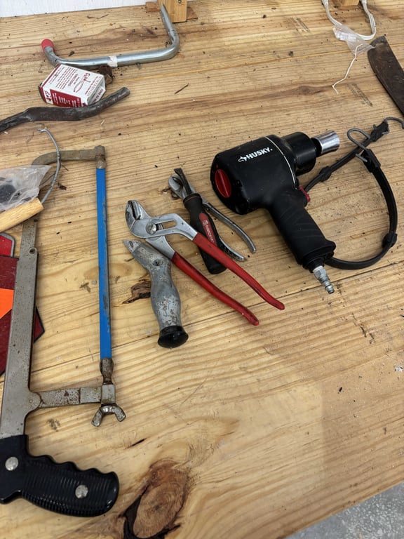 Contents of Wood Table Top and Pegboard Above - Image 2