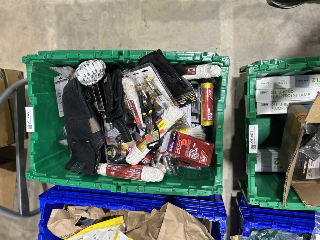 Tote of rope, tool holders, doorknobs, wire brads