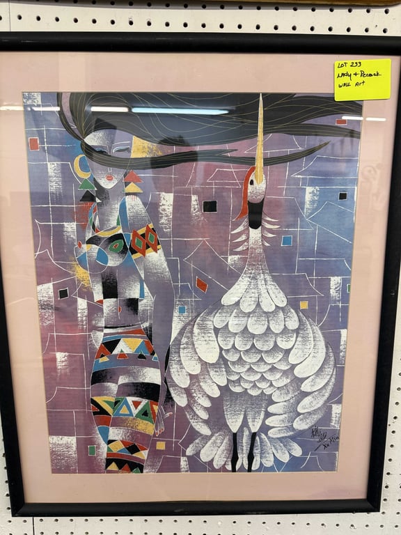 LADY & PEACOCK SIGNED WALL DECOR