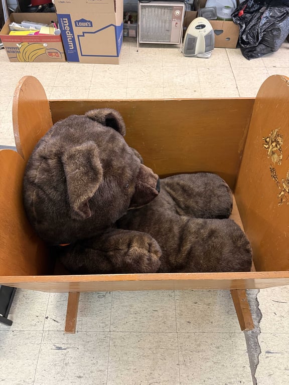 LARGE HANDMADE CRADLE W/LG STUFFED BEAR - Image 2