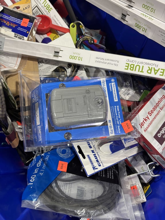 Tote of fluorescent bulbs, scissors, hooks, misc - Image 3