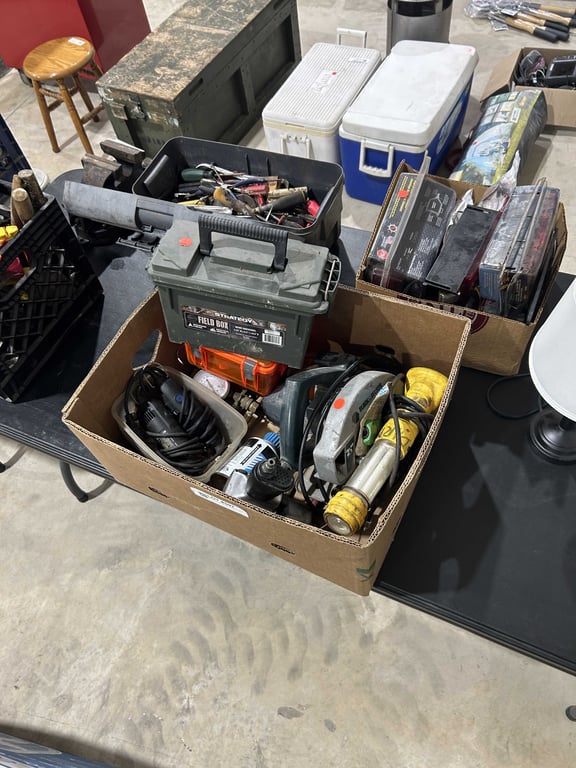 Box of misc - air hammer, acetelyne, small ammo box