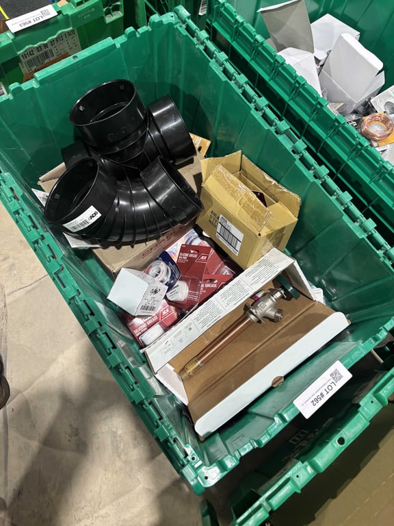 Tote of silicone grease, door hardware, plumbing solder, etc