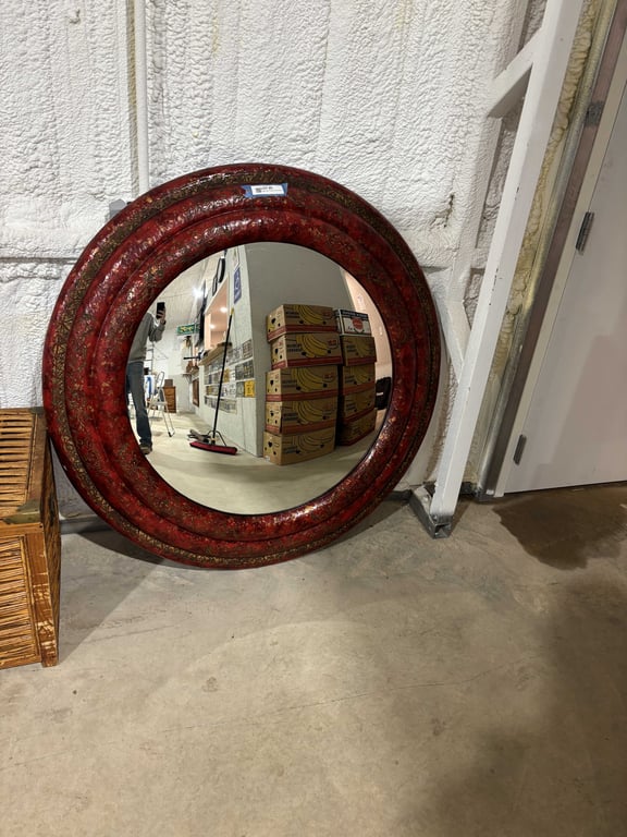 Large Red Framed Round Mirror