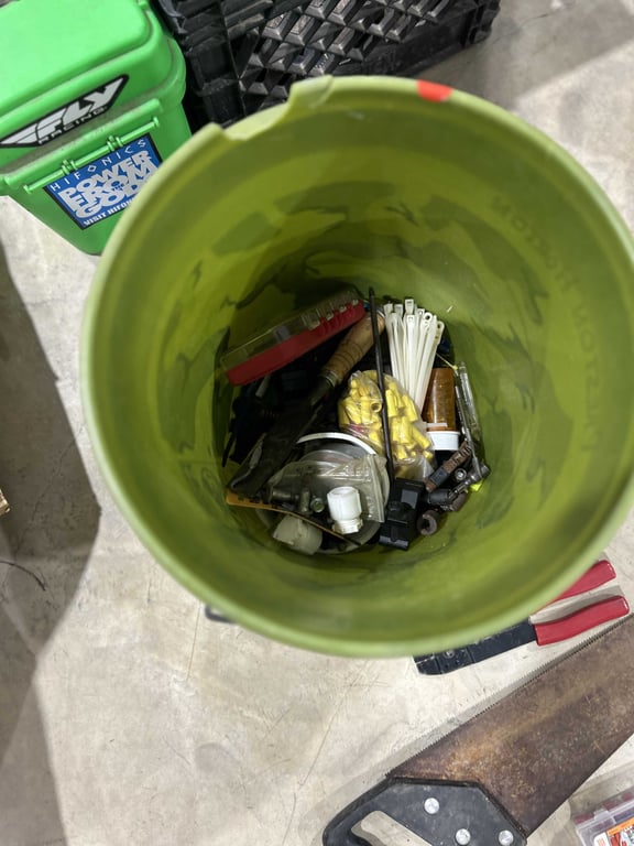 Bucket of misc electrical fittings, clips, small tools - Image 2