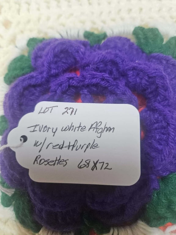 IVORY WHITE AFGHAN W/RED & PURPLE ROSETTES 68X72 - Image 2