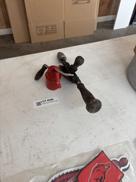 Vintage hand drill & oil can