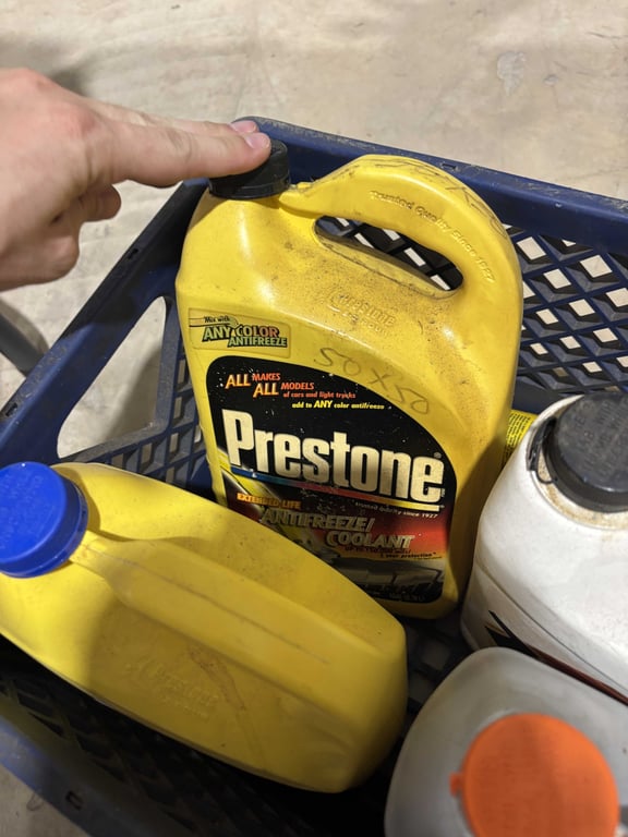 Tote of antifreeze, cleaner, tarp - Image 2
