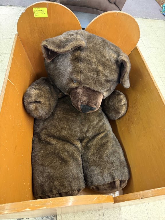 LARGE HANDMADE CRADLE W/LG STUFFED BEAR - Image 3