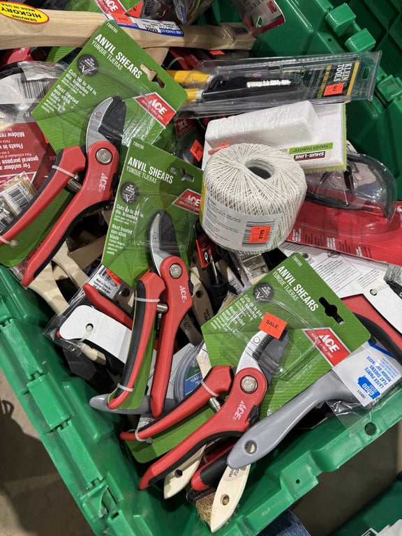 Tote of Paint Supplies, Anvil Shears, Rope, Knobs, Filters, Misc - Image 2