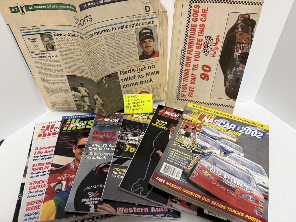 6 NASCAR ILLUSTRATED W/2 NASCAR NEWSPAPER CLIPPINGS