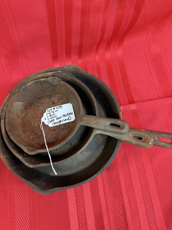 3 CAST IRON SKILLETS (ROUGH COND.) 