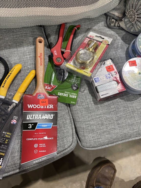 Tote of Paint Supplies, Anvil Shears, Rope, Knobs, Filters, Misc - Image 10