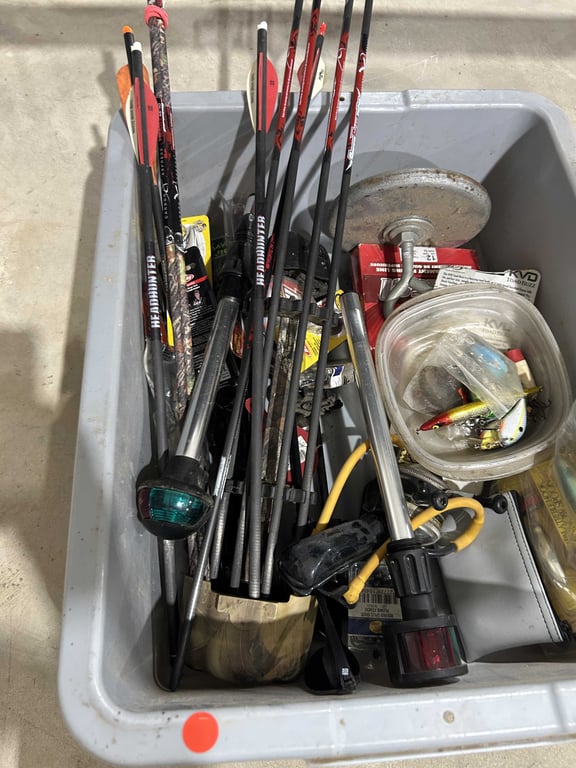 Box of misc arrows, knife, fishing supplies, etc - Image 3