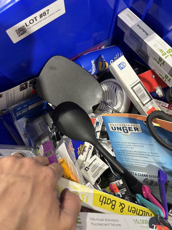 Tote of fluorescent bulbs, scissors, hooks, misc - Image 10