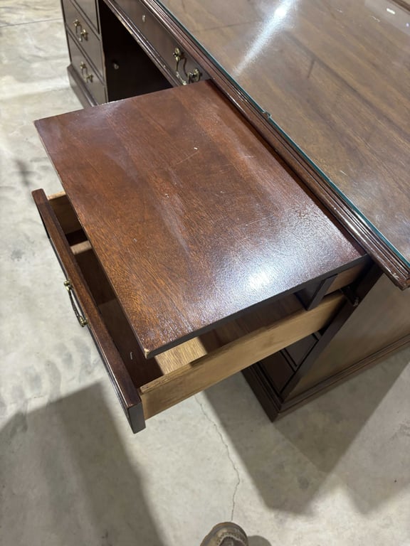 Vintage Walnut Office Desk with Glass Top Cover - Image 12