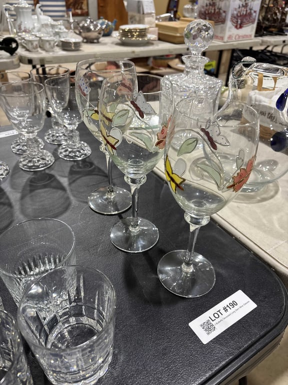 3 Butterfly Decorated Long Stem Wine Glasses