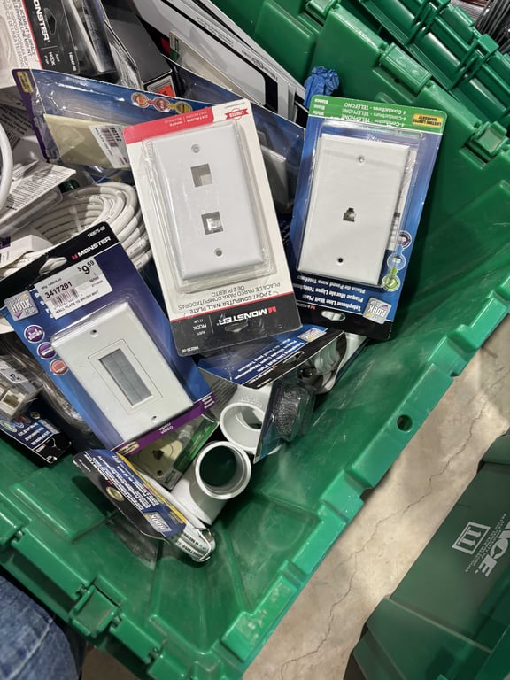 Tote of coax cable, switch covers, PVC fittings, batteries, misc - Image 5