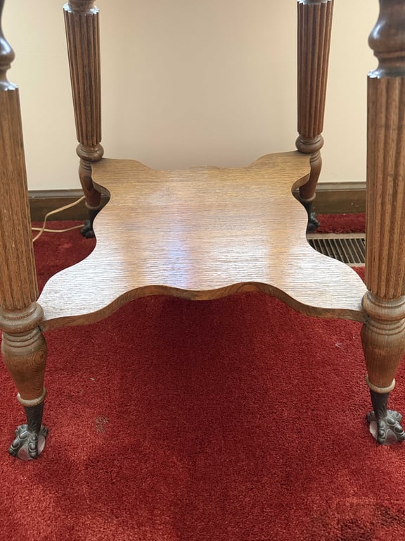 VTG TIGER OAK PARLOR TABLE W/GLASS CLAW AND BALL FEET - Image 3