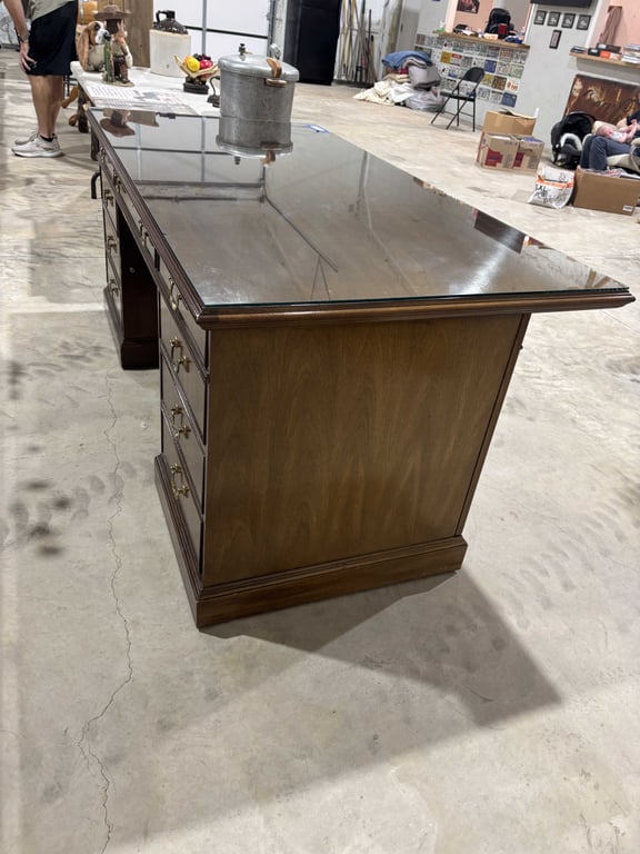 Vintage Walnut Office Desk with Glass Top Cover - Image 4