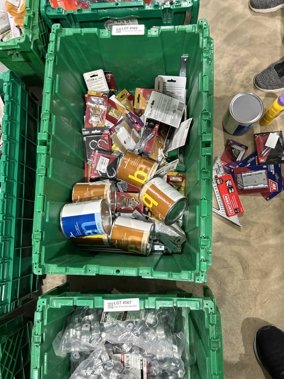 Tote of paint and primer, hinges, ceiling hooks, etc