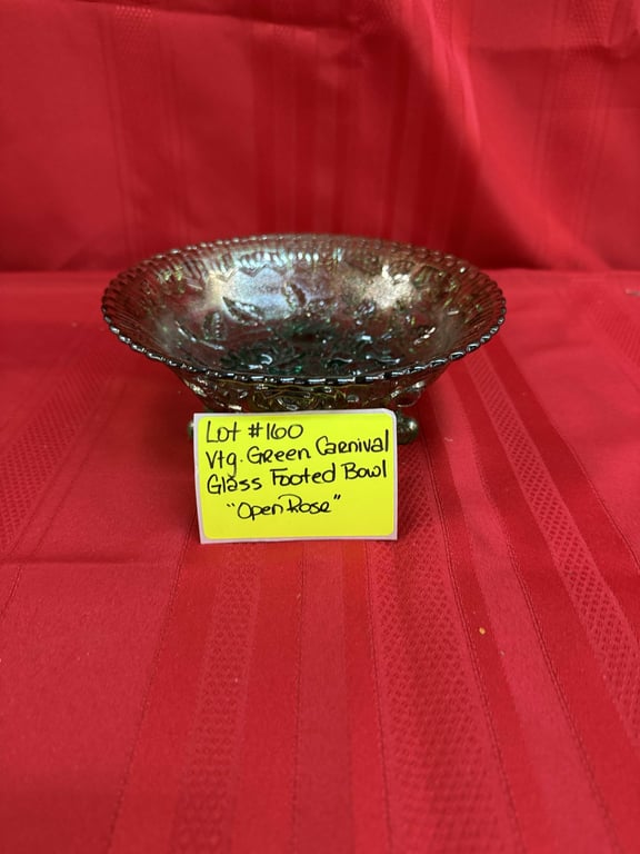VTG GREEN CARNIVAL GLASS BOWL "OPEN ROSE"