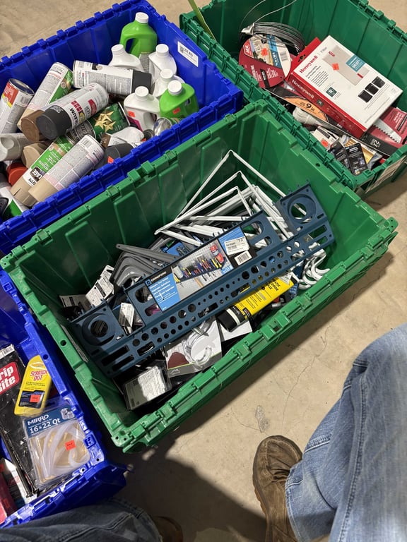 Tote of shelving, hangers, etc