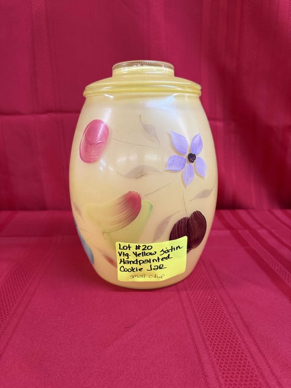 VTG YELLOW SATIN HANDPAINTED COOKIE JAR (SM CHIP)