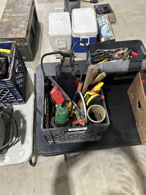Crate of misc - battery tester, misc