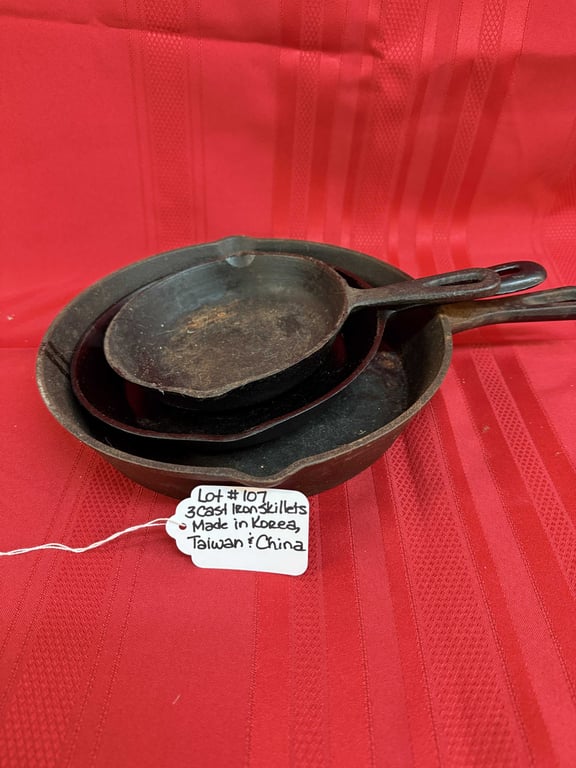 3 CAST IRON SKILLETS (KOREA, TAIWAN & CHINA)