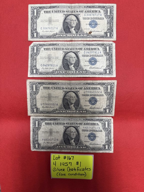 4 - 1957 $1 SILVER CERTIFICATES (FAIR CONDITION)