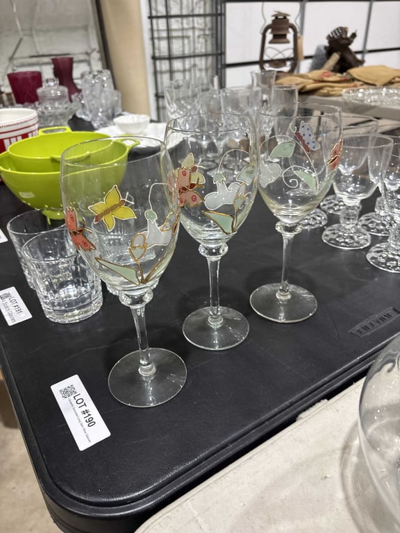 3 Butterfly Decorated Long Stem Wine Glasses - Image 2