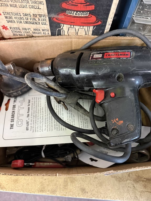 BOX W/ DRILL, SCRAPERS, PLIERS & MISC TOOLS