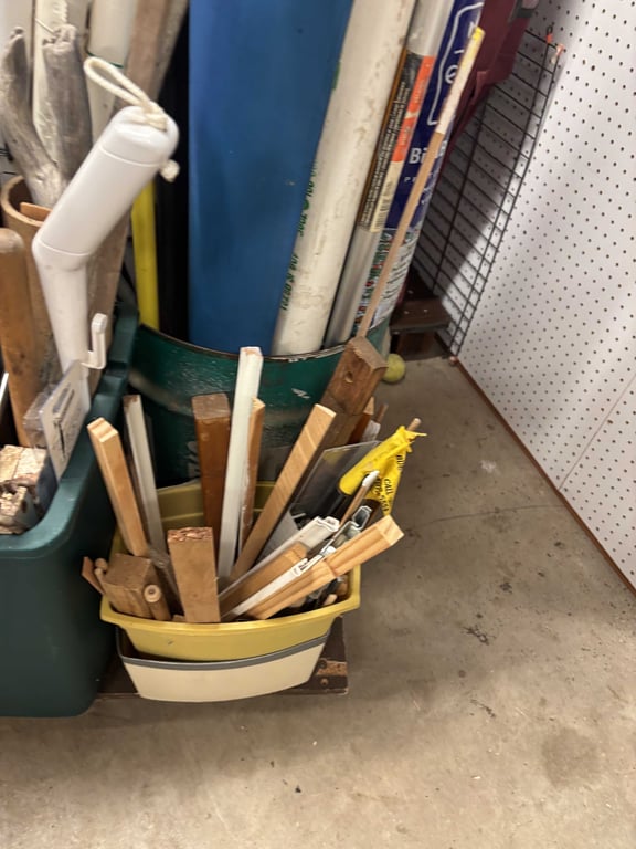 5 containers misc wood, PVC, metal, rolling cart, etc - Image 3